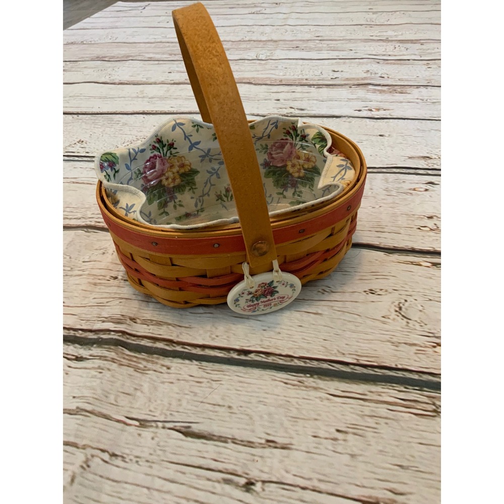 Longaberger 1999 Mothers Day Basket Floral Liner Protector Charm Handwoven